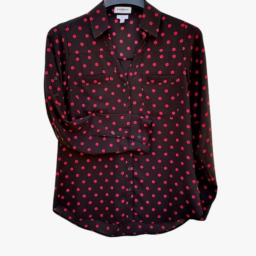 Express Portofino Deep Navy & Red Polka Dot Top